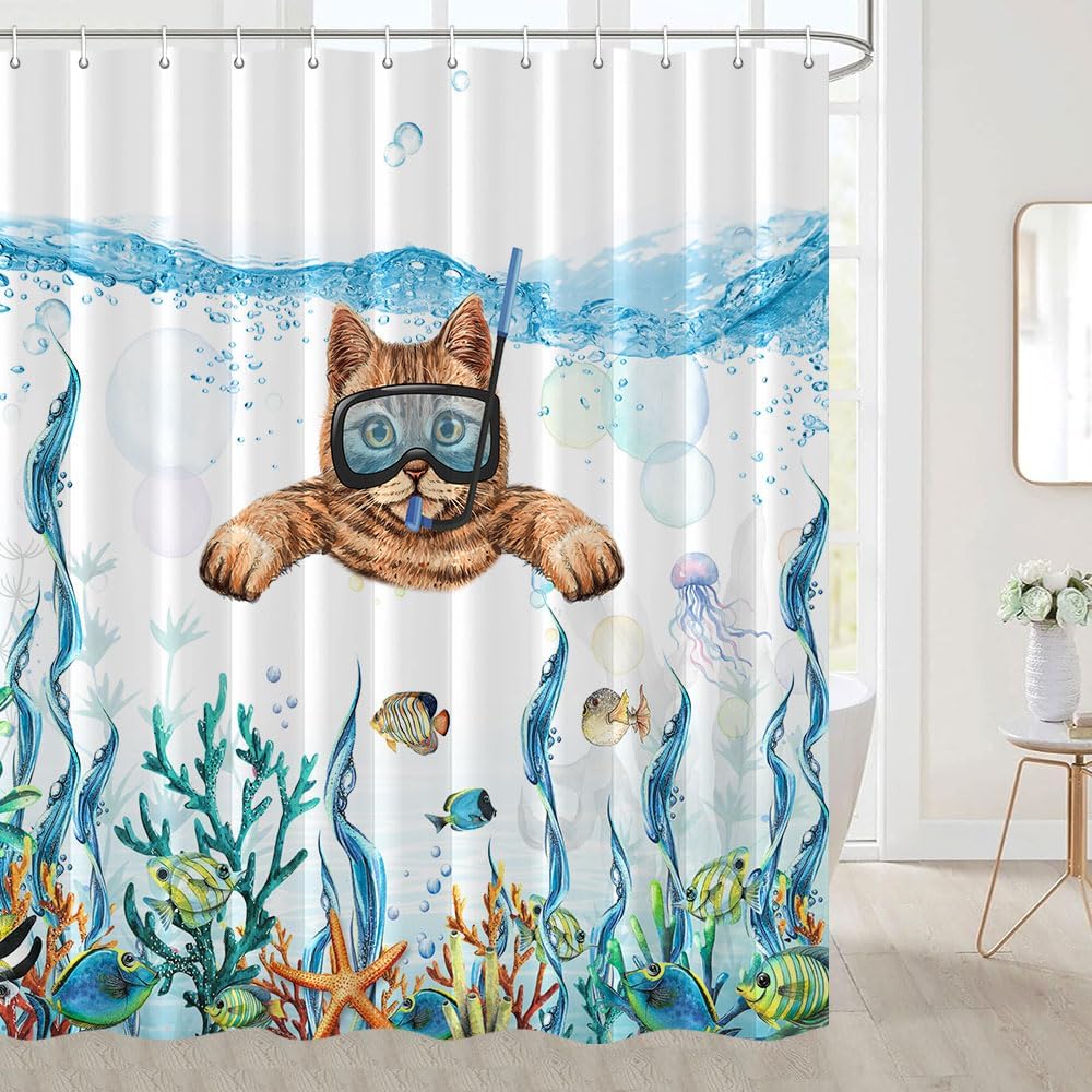 Funny Cat Shower Curtain Set Teal Teal Sea Ocean Shower Curtains with Animal Octopus Starfish Turtle Anchor Fish Nautical Bathroom Curtain Ocean Cute Shower Curtains for Bathroom Decor (Teal, 72X75)