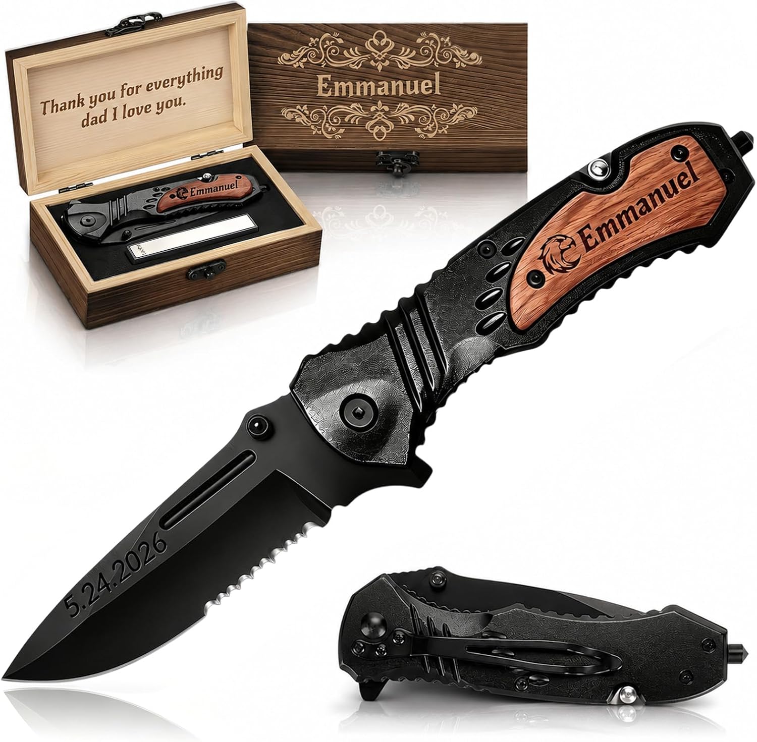 Custom Pocket Knife, Engraved Knife Handle and Wooden Box, Personalized Gifts for Men-Boyfriend Husband Dad, Custom Knife for Anniversary, Birthday, Christmas, Father's Day, Wedding (A)