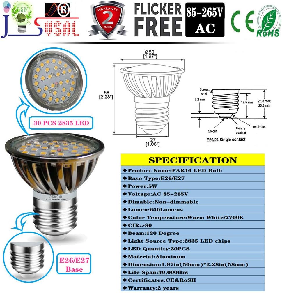 (6-Pack Non-dimmable PAR16 LED Short Neck Bulb, E26 Screw Base,5W AC 85-265V,35W-50W Halogen Bulbs Replacement,Aluminum Casing,120 Degree Wide Beam Floodlight Bulb (Warn White-2700K)