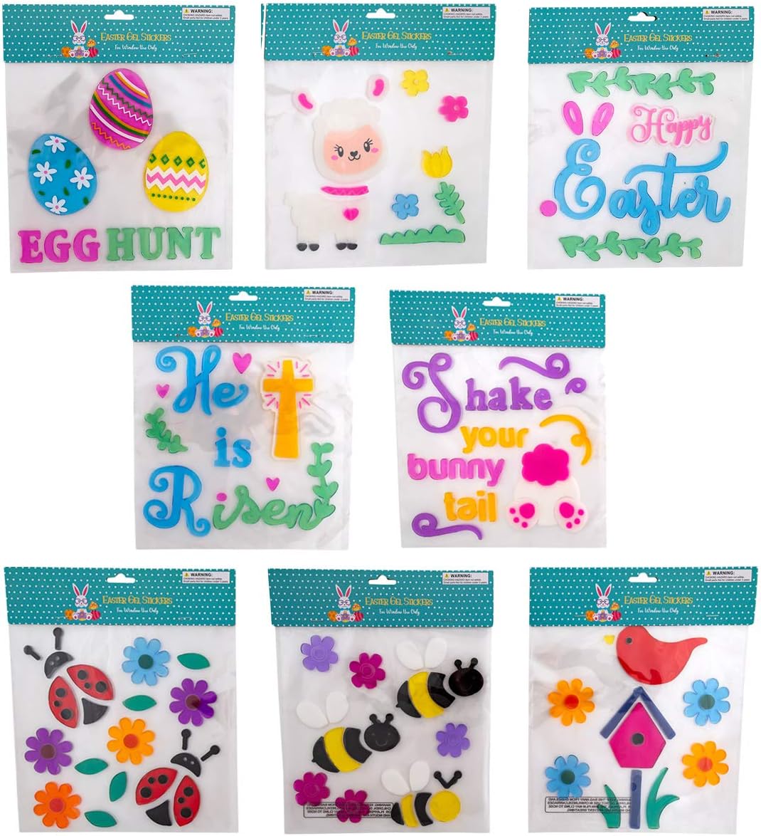 Easter & Spring Window Gel Cling Decorations - 8 Sheet Sets - Easter Eggs, Bunnies, Frogs, Flowers, Snails, Lamb, Happy Easter and Hello Spring Designs