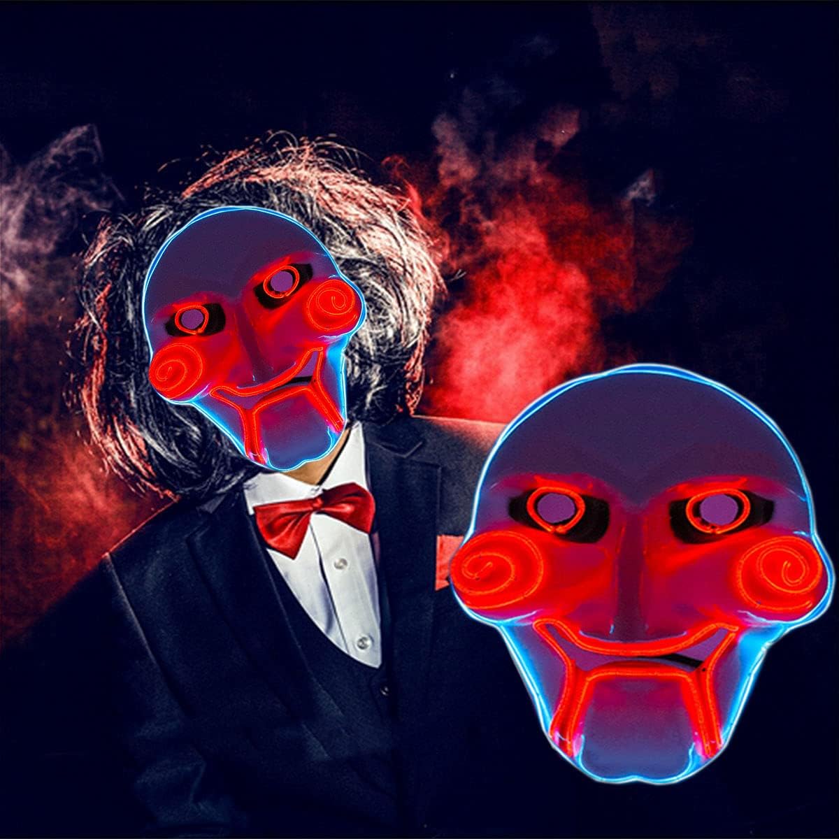 Led Mask for Jigsaw Saw Billy Roleplay, Halloween Led Costumes for Horror Movie, Scary Adult Man Women Roleplay Costume, Best Gift Party Props (Red/Blue Mixed)