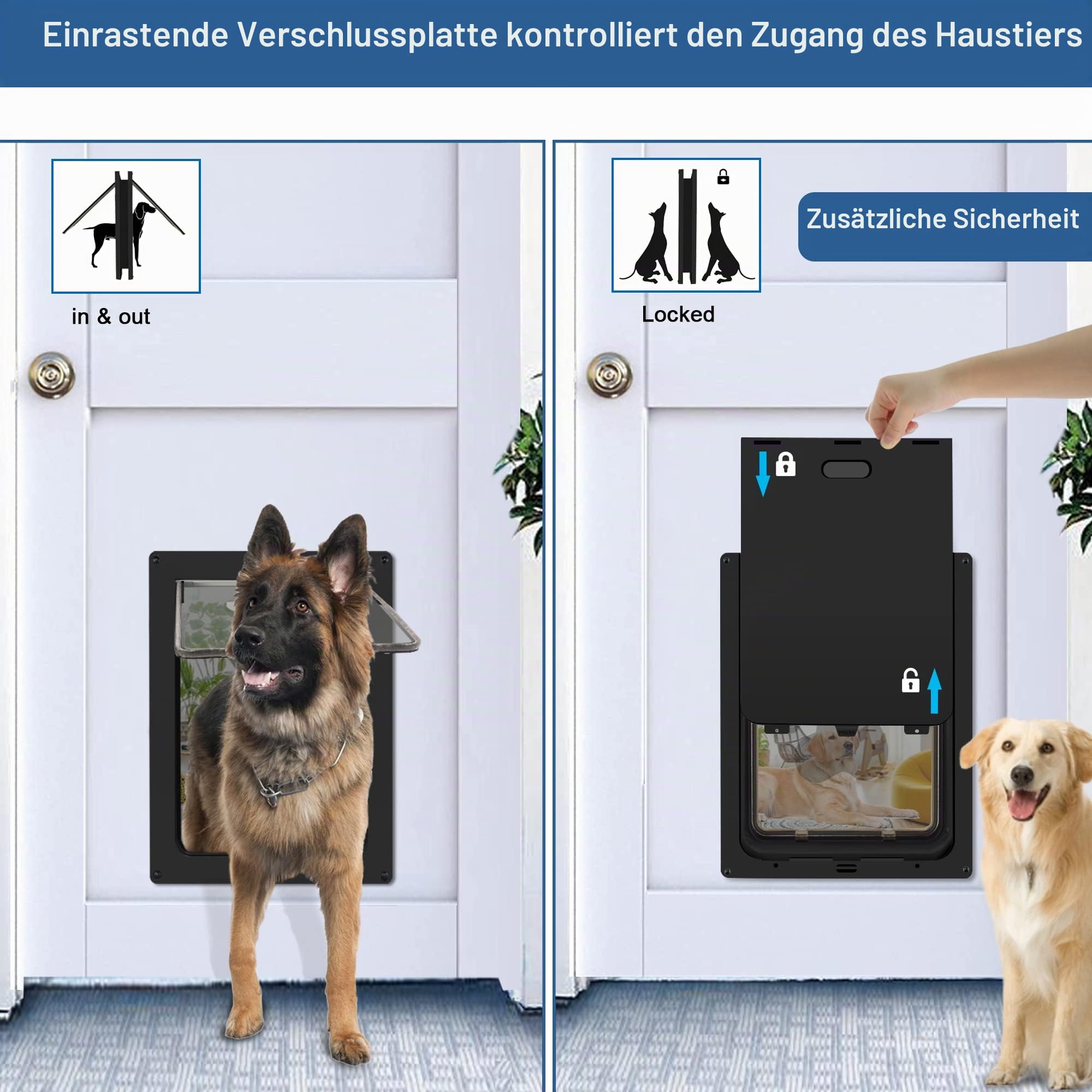 CEESC Hundeklappe für große Hunde, Wetterfeste Pet Door für Katzen und Hunde bis zu 45 KG, Haltbare, Snap-In Schließplatte Inklusive, Geeignet für Innen- und Außentüren (groß, schwarz
