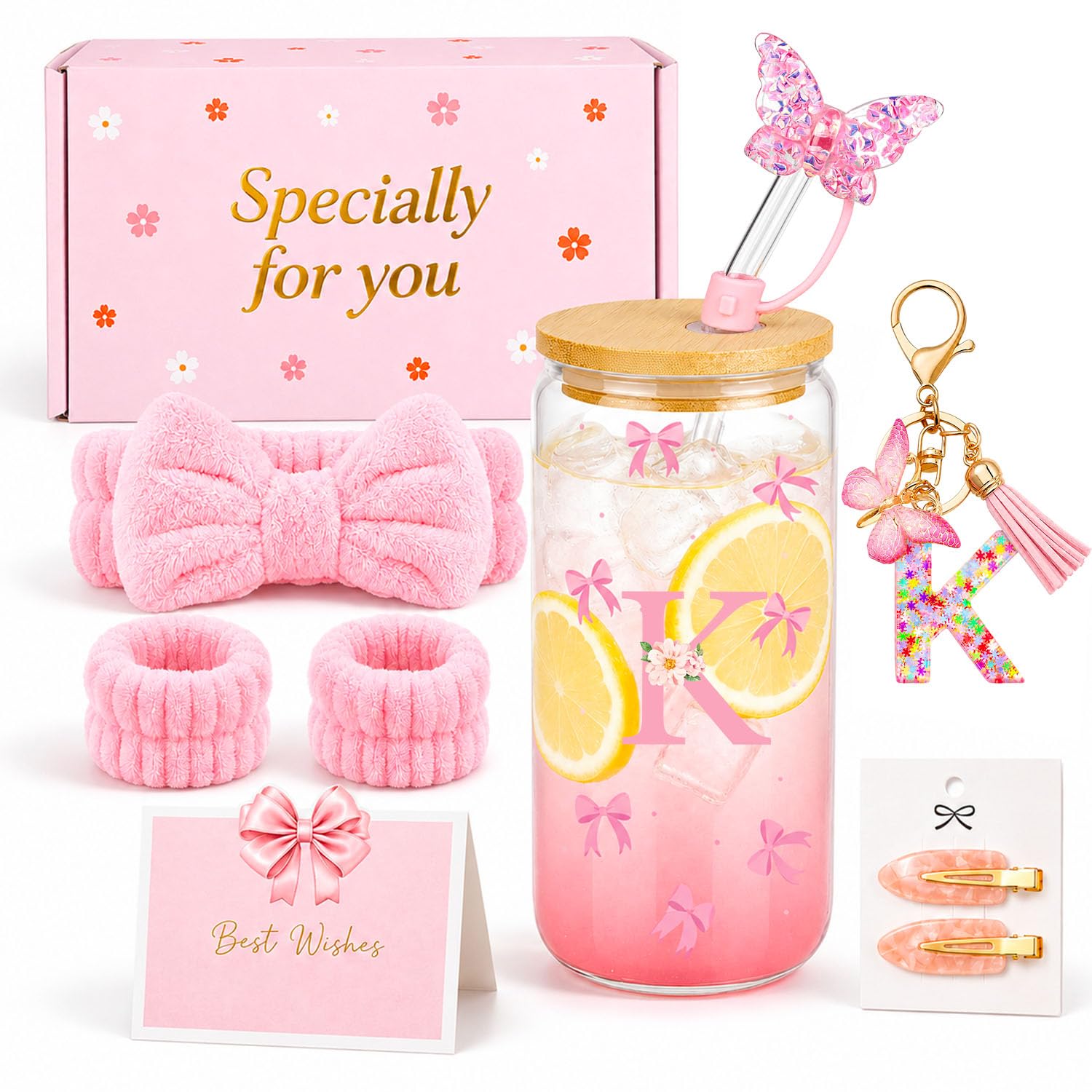 TUZELIYA K Personalised Initial Gifts for Girls - Letter Glass Tumbler Gift Set with Bow Headband, Pink Birthday Gift Set for Teen Girls, Best Friend, Daughter, Sister, Niece