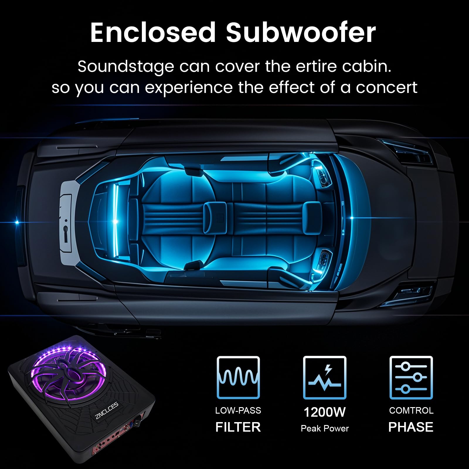 2025 Upgraded 10" 1200W Slim Under Seat Powered Car Subwoofer with Colorful LED Ambient Lights, Car/Truck Audio Sub Built in Amplifier Outstanding Heat Dissipation, Powerful Bass for Passion Driving