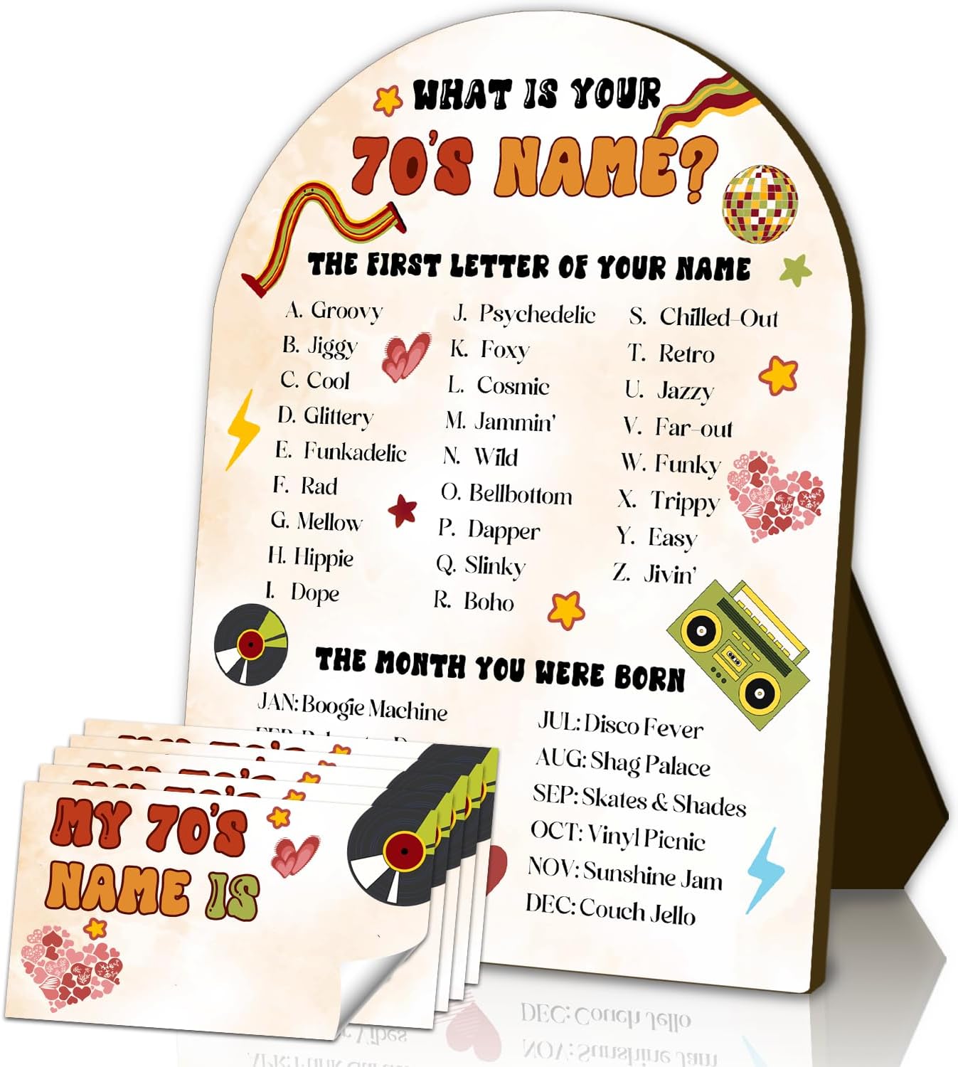 What's Your 70'S Name Game Set, Disco Themed Birthday Party Games Decorations for Adults and Kids, 70's Themed Retro Party Supplies, Holiday Activity, A Wooden Sign and 30 Stickers Cards