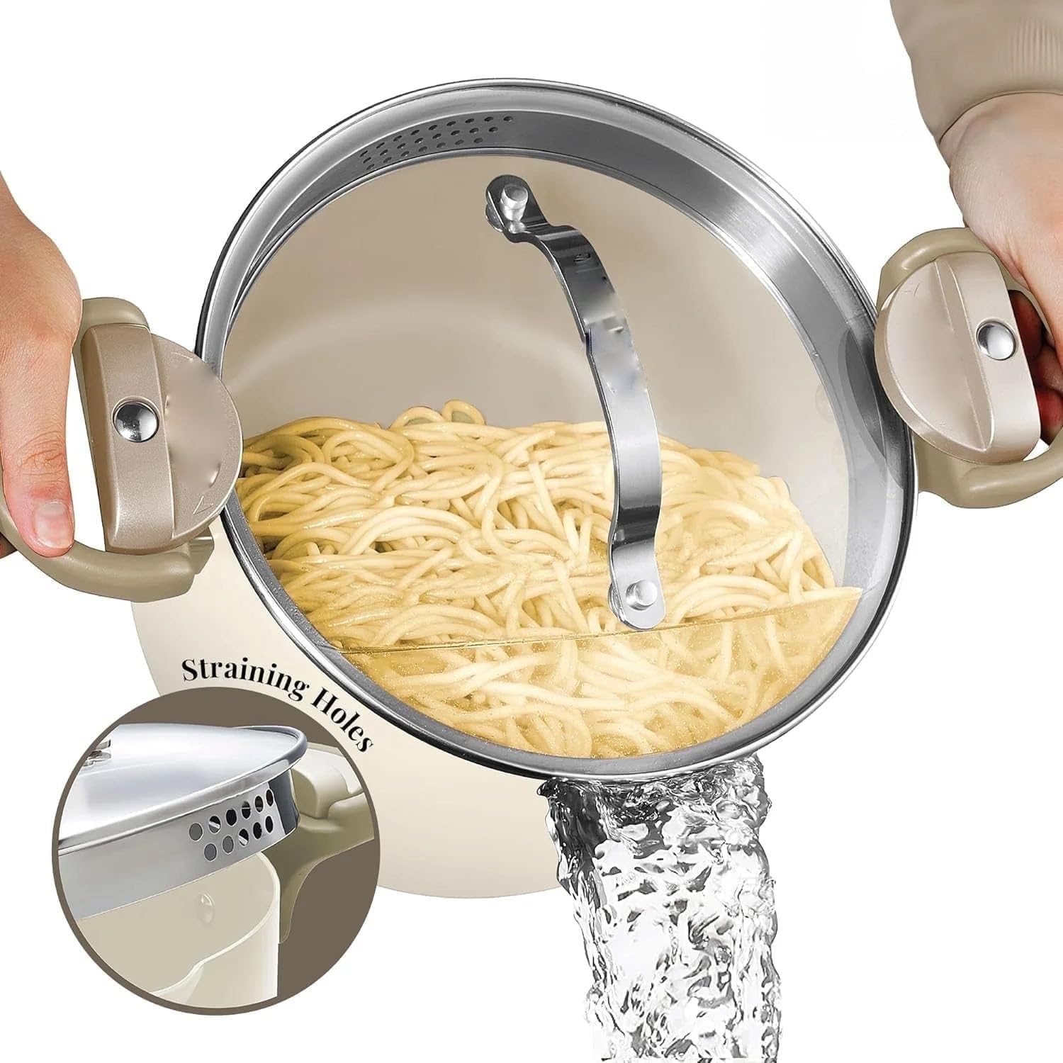 5 Qt Cream Nonstick Pasta Pot with Strainer Lock Handles