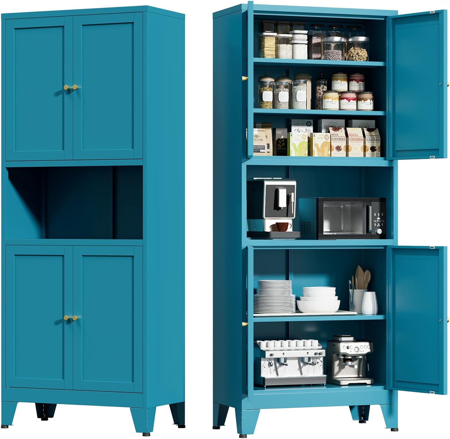 Metal Kitchen Pantry Cabinet, 69" Tall Blue Storage Cabinet with 4 Doors and 3 Adjustable Shelves, Freestanding Cupboards with Microwave Stand for Dining Room, Living Room, Bathroom