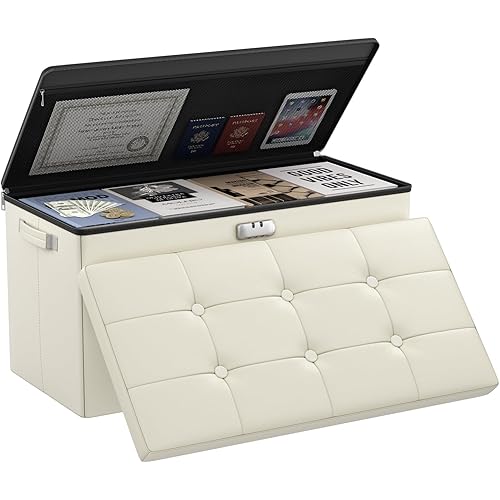 DocSafe Storage Ottoman Bench with Lock,Fireproof 30 Inches Folding Bench Foot Rest Stool Storage Chest Safe for Living Room,Bedroom,Home Office,Waterproof Leather Ottoman with Handles,Beige
