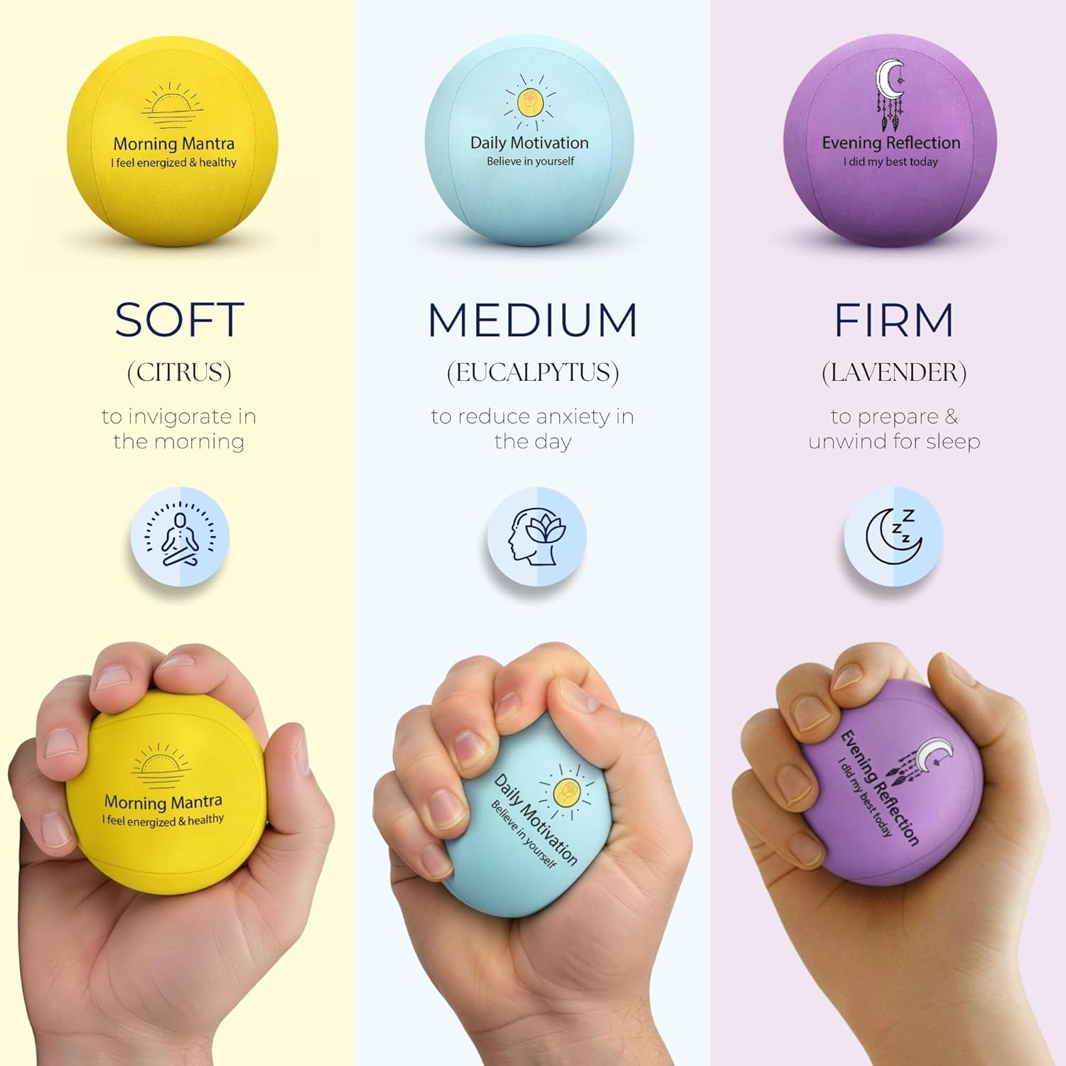 Calming Stress Balls for Adults, 3x Aroma Infused for Anxiety and Stress Relief | Enhance Mindfulness & Focus | Tri-Strength Physical Therapy Hand Grip Exercise & Sensory Fidget Tool