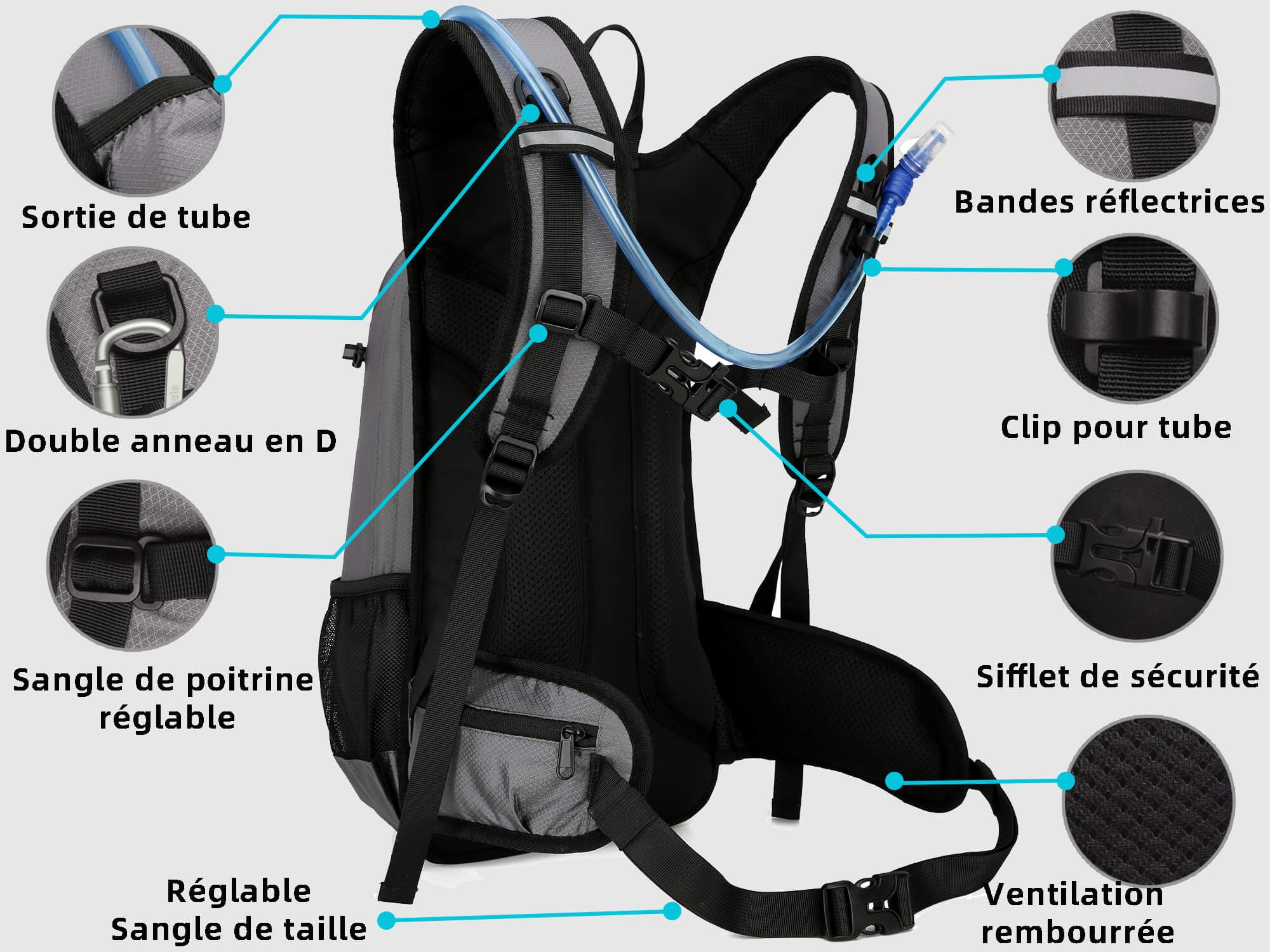Sac à Dos d'hydratation 18l, Sac à Dos Vélo isolé avec Poche à Eau 2l pour VTT Randonnée Ski Snowboard Femme Homme