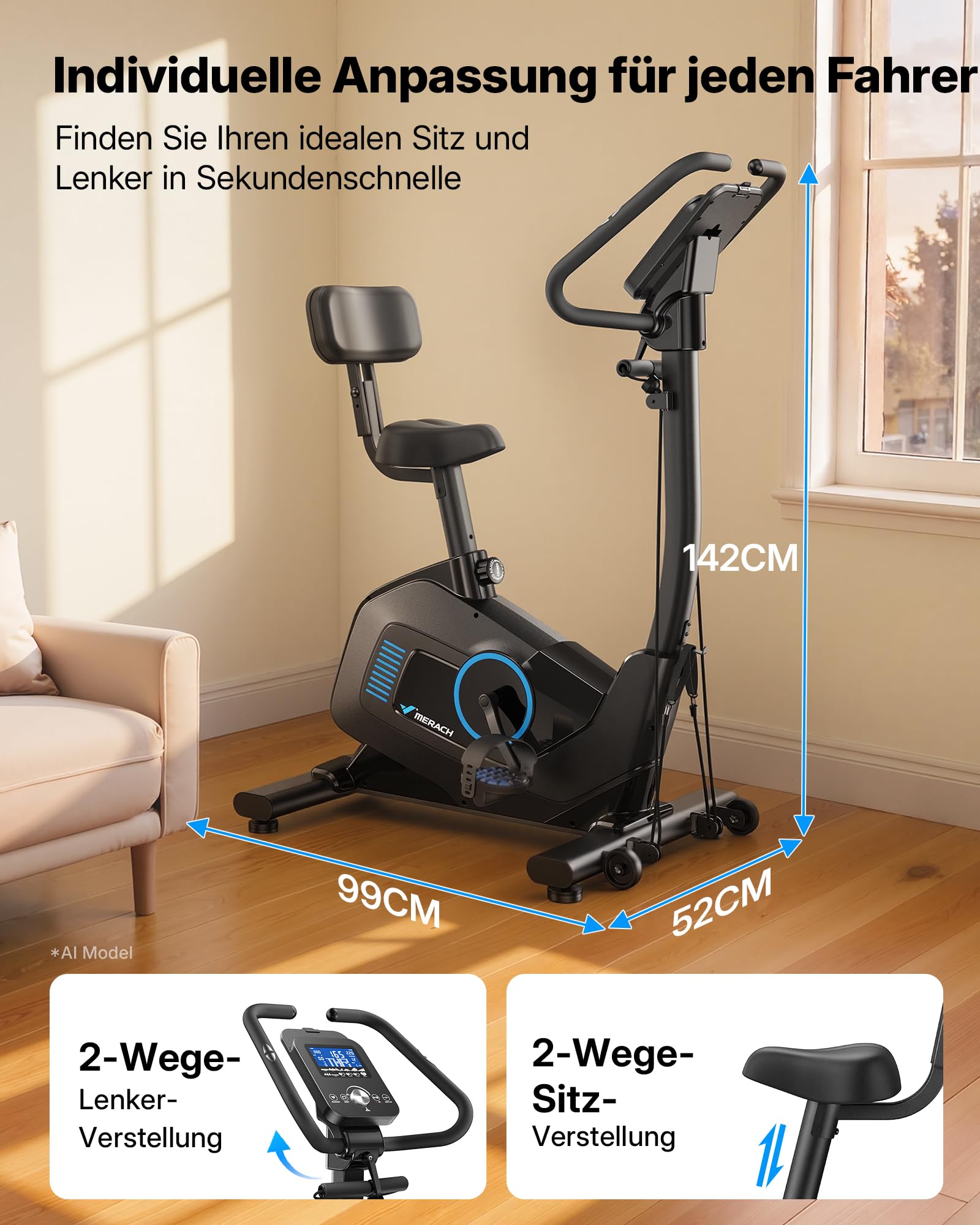 MERACH 4 in 1 Ergometer Heimtrainer Fahrrad mit Automatische Widerstandsanpassung, 16-stufigem Magnetwiderstand, Leisem Antrieb, 2 Trainingsmodi, App-Steuerung, Komfort-Rückenlehne, Widerstandsbändern