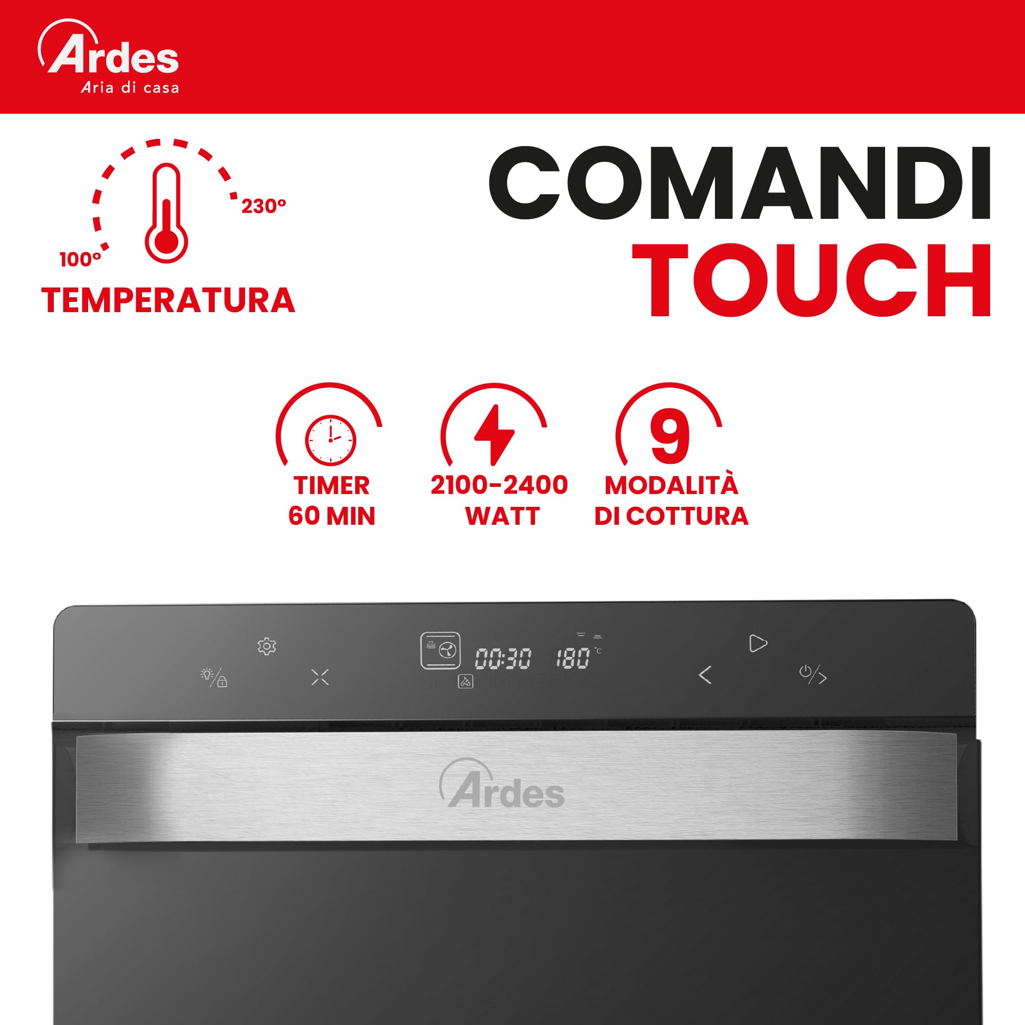 ARDES - AR6440VD Four électrique ventilé Capacité de 31 litres avec lumière interne 9 fonctions de cuisson minuterie double vitrage avec accessoires MIST 400, Noir