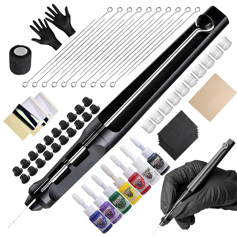 Kit de caneta manual para tatuagem HAWINK com 7 tintas e 20 agulhas GK-HW803TN01-1