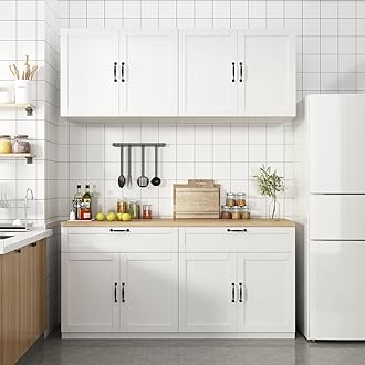 FAMAPY Wall-Mounted Kitchen Pantry Kitchen Storage Cabinet with Countertop, Pantry Cabinet with Drawers & Doors, Wall Cabinet for Kitchen White and Oak