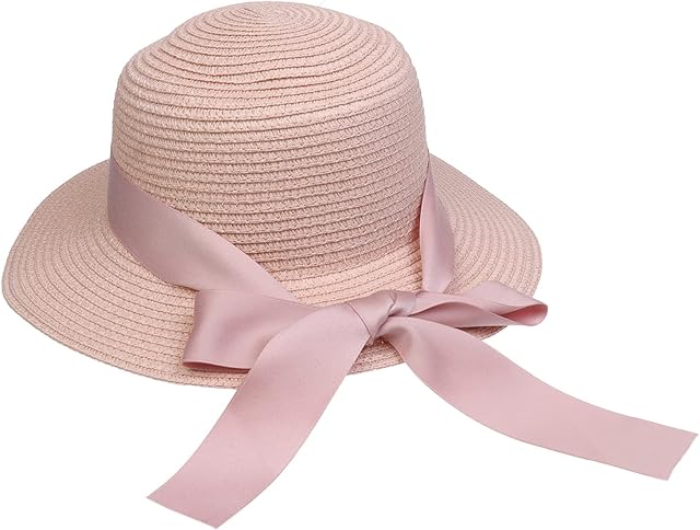 JK Home Womens Sun Straw Hat w/Big Bowknot Wide Brim Concave Top UPF 50 Summer Hats Beach Cap for Girls
