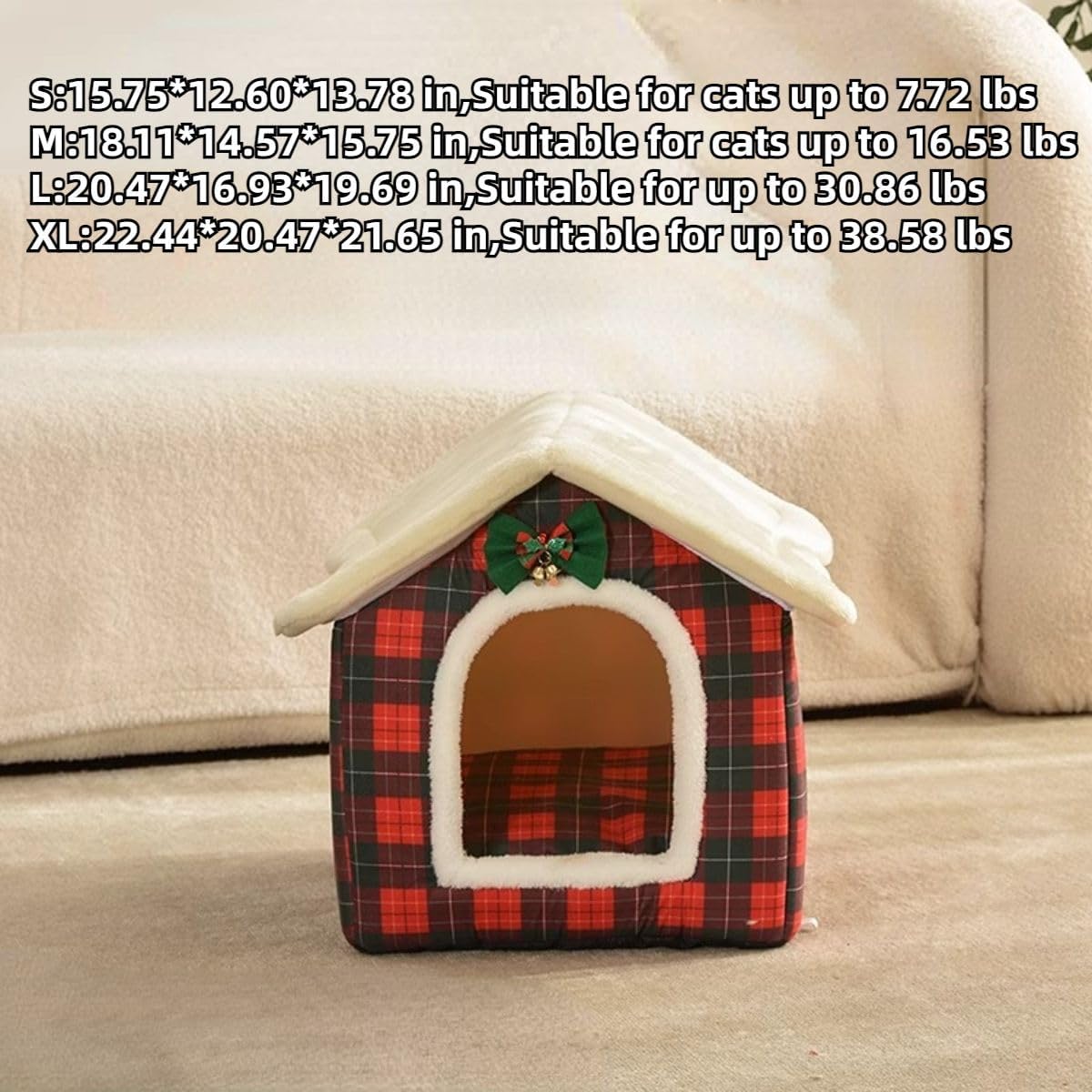 Foldable Dog House Kennel Bed Mat for Indoor Pets,Enclosed Warm Plush Sleeping Nest Bed with Removable Cushion,Covered Small Pet Condos Indoor Cat Hideaway (Red,Small)