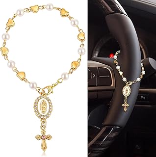 Charm Steering Wheel Rosary Accessory Cross Pendant Car Decor Rearview Mirror Car Rosary for Automotive Protection Charm Decor(Pearl,White)