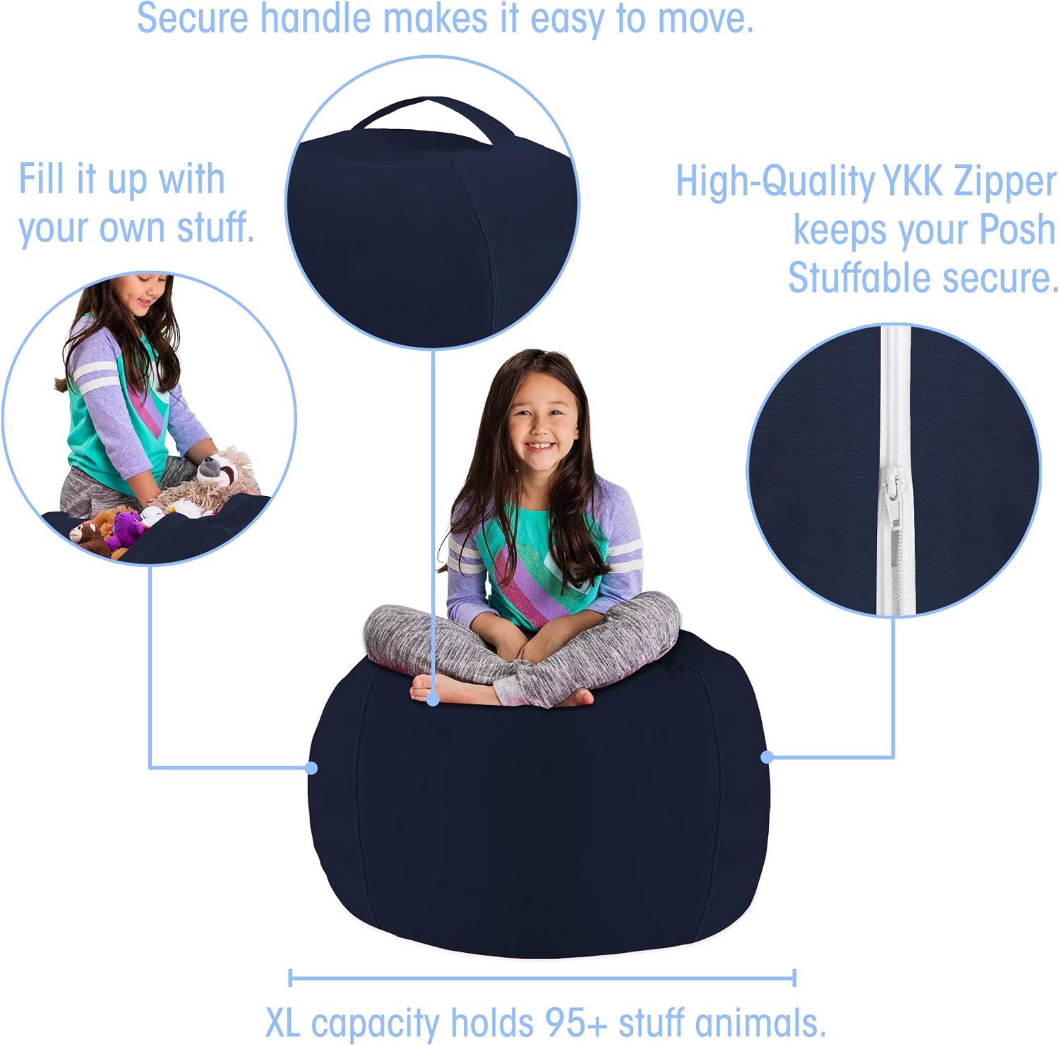 Posh Stuffable Kids Stuffed Animal Storage Bean Bag Chair Cover - Childrens Toy Organizer, Large 38" - Solid Navy Blue