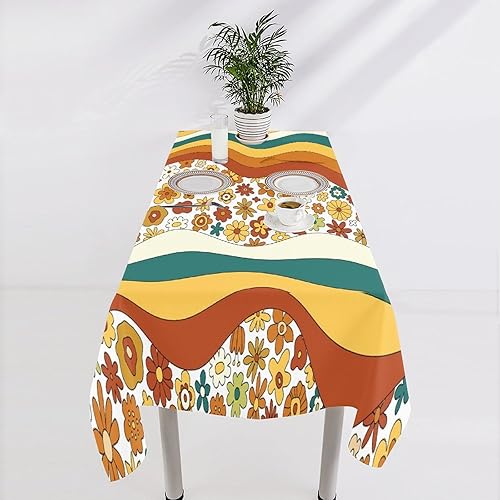 Miniatura 990 de Mantel floral hippie, diseño retro de los años 70, naranja, rosa, azul, floral, bohemio, estampado estético de margaritas, para fiesta, picnic
