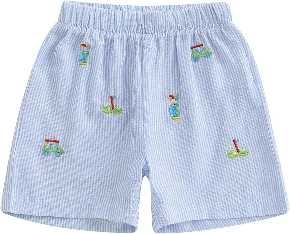 Little Kids Boys Shorts Golf Cars Embroidered Striped Shorts Casual Boys Fashion Bottoms 18M 24M 2T 3T 4T 5T 6T