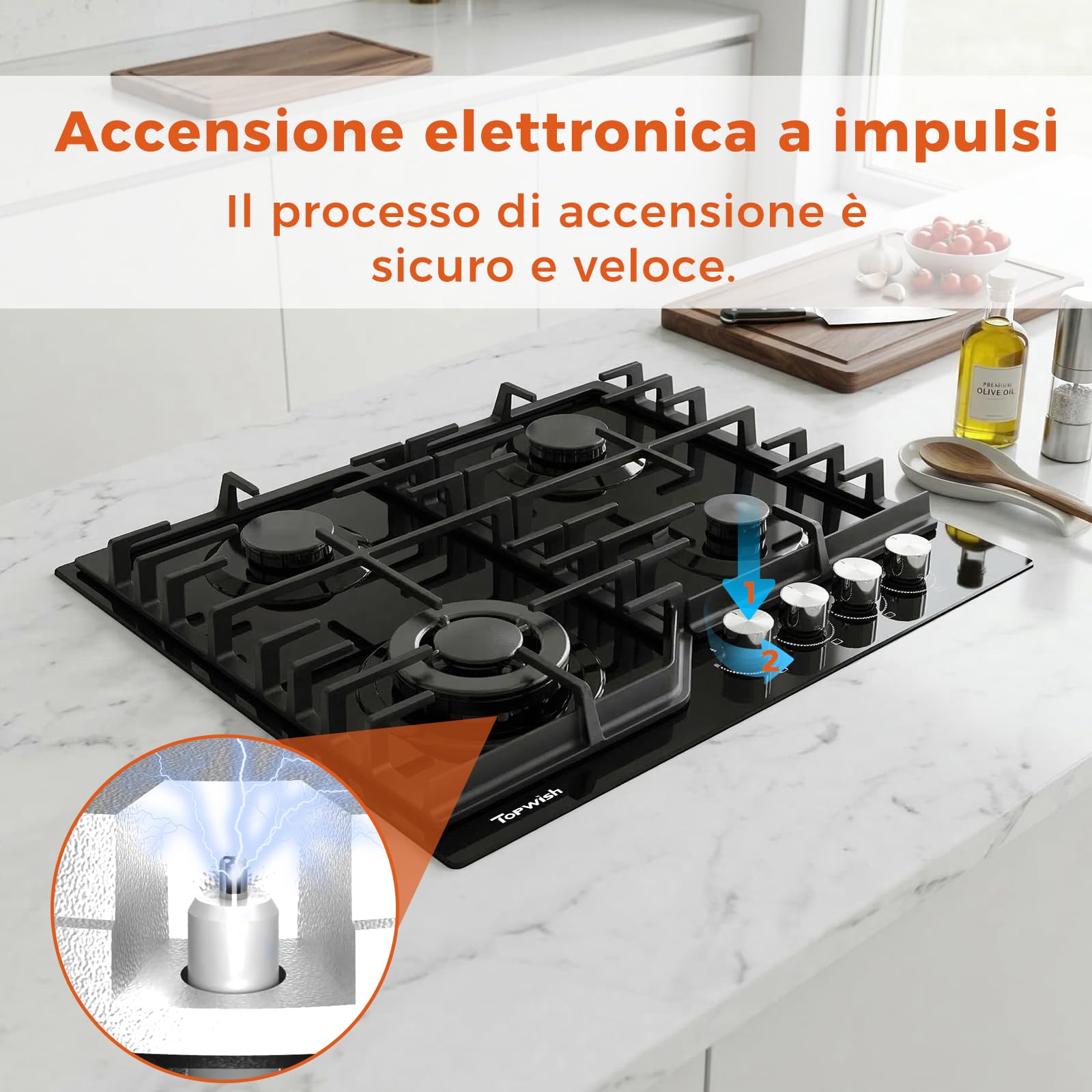 TOPWISH piano cottura gas incasso, piano cottura 4 fuochi gas, con Blu manopole illuminate, NG/LPG convertibile, protezione flame-out, accensione elettronica, 8000 Watt
