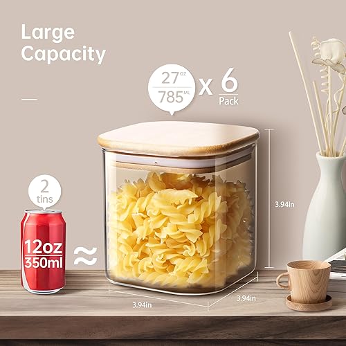Miniatura 9 de Tarros cuadrados de vidrio con tapas de bambú de 27 onzas líquidas juego de 6, recipientes de vidrio con tapas herméticas, recipientes de vidrio