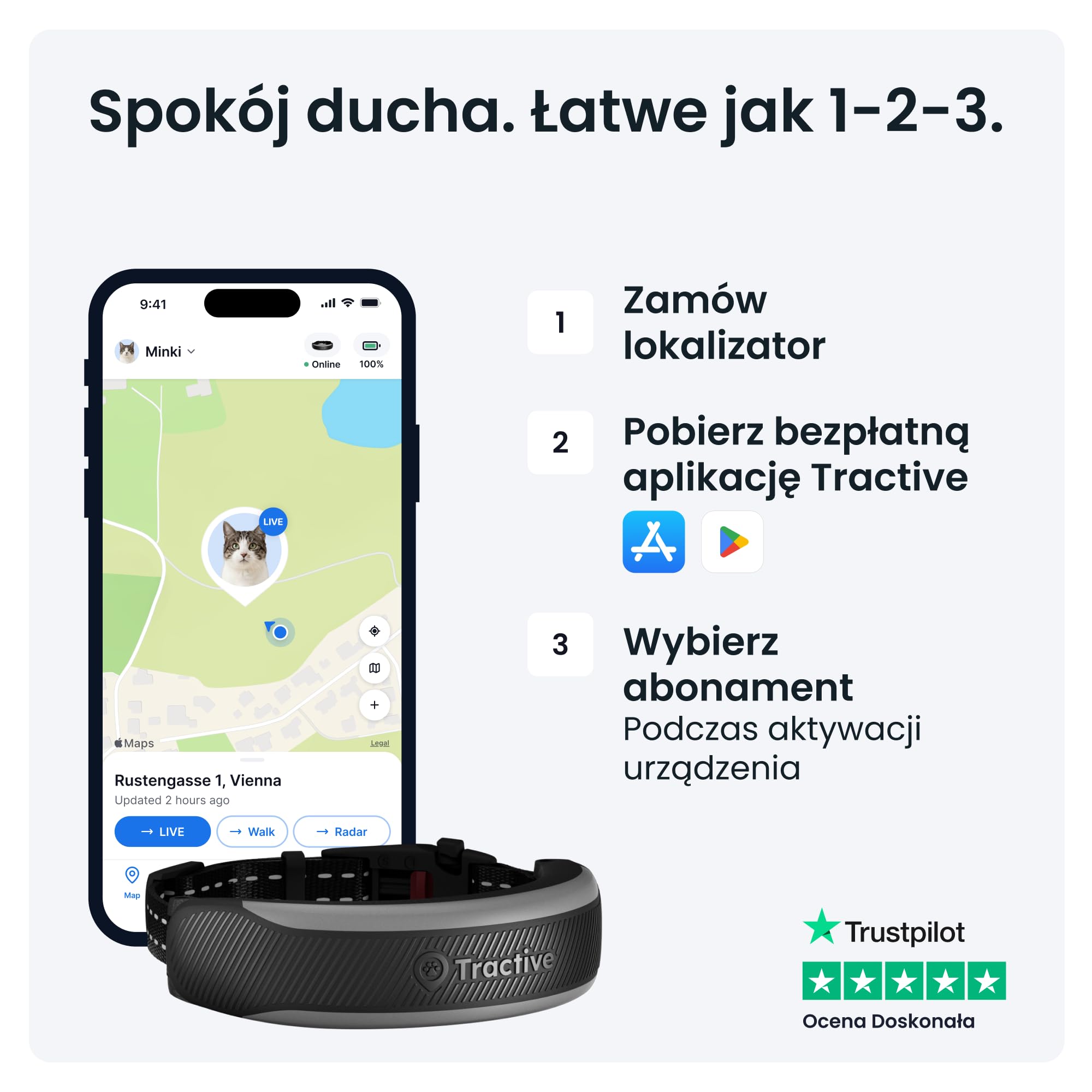 Tractive Inteligentny lokalizator GPS dla kotów Mini | model 2026 | lider na rynku | lokalizacja na żywo | ostrzeżenia zdrowotne i wartości witalne | zamknięcie bezpieczeństwa | zintegrowana obroża