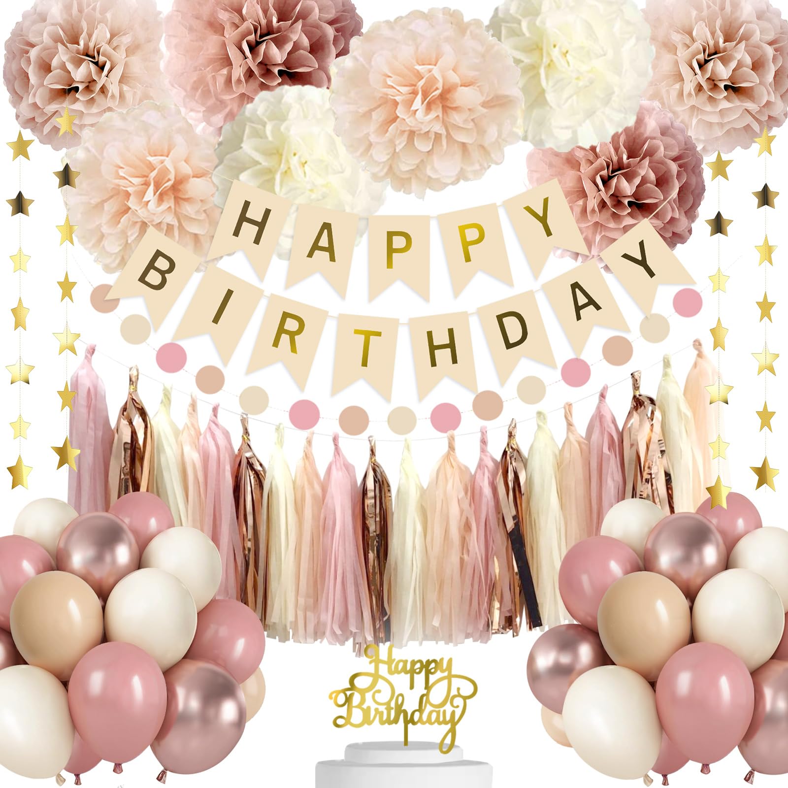 Blush Pink & Rose Gold Geburtstags-Deko-Set – Mit Banner, Schärpe, Girlanden, Ballons & Cake Topper – Für Mädchen/Frauen