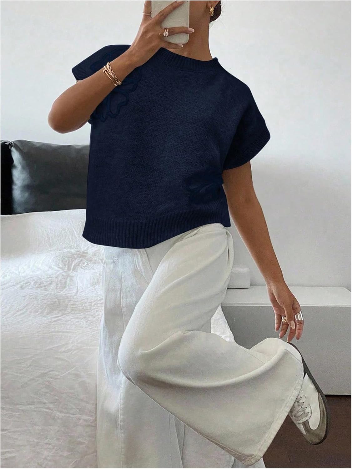 SOLY HUX Women's Short Sleeve Sweater 3D Floral Sweaters Pullover Tank Tops Knit Vest Trendy Fashion Clothing Plain Dark Blue Medium - Image 5