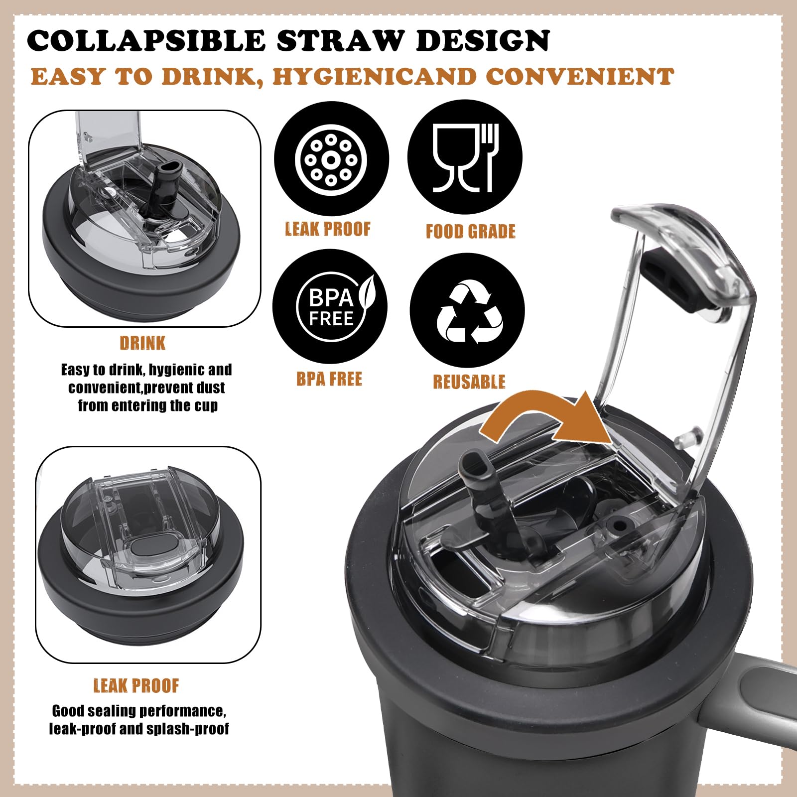 Set Di 2 Coperchi Antigoccia Per Stanley Cup 40 Oz - Con Cannucce E Spazzola - Ricambio In Plastica Alimentare Bianco E Nero - 3