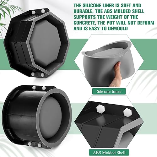 Miniatura 3 de Gisafai Paquete de 2 moldes de silicona para macetas de hormigón, molde grande para macetas redondas y octogonales, para hacer suculentas caseras
