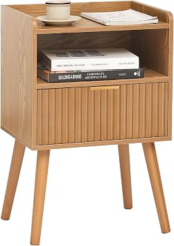 AWASEN Fluted Nightstand, Mid Century Modern Bedside Table with Storage Drawers, Wood Night Stand Bed Side Table with Solid Wood for Living Room, Bedroom, Office and Small Space Brown