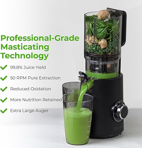 Miniatura 7 de Zulay Kitchen Exprimidor de prensa en frío con canal de alimentación de 5 pulgadas de ancho, exprimidor de masticación lenta para frutas y verduras