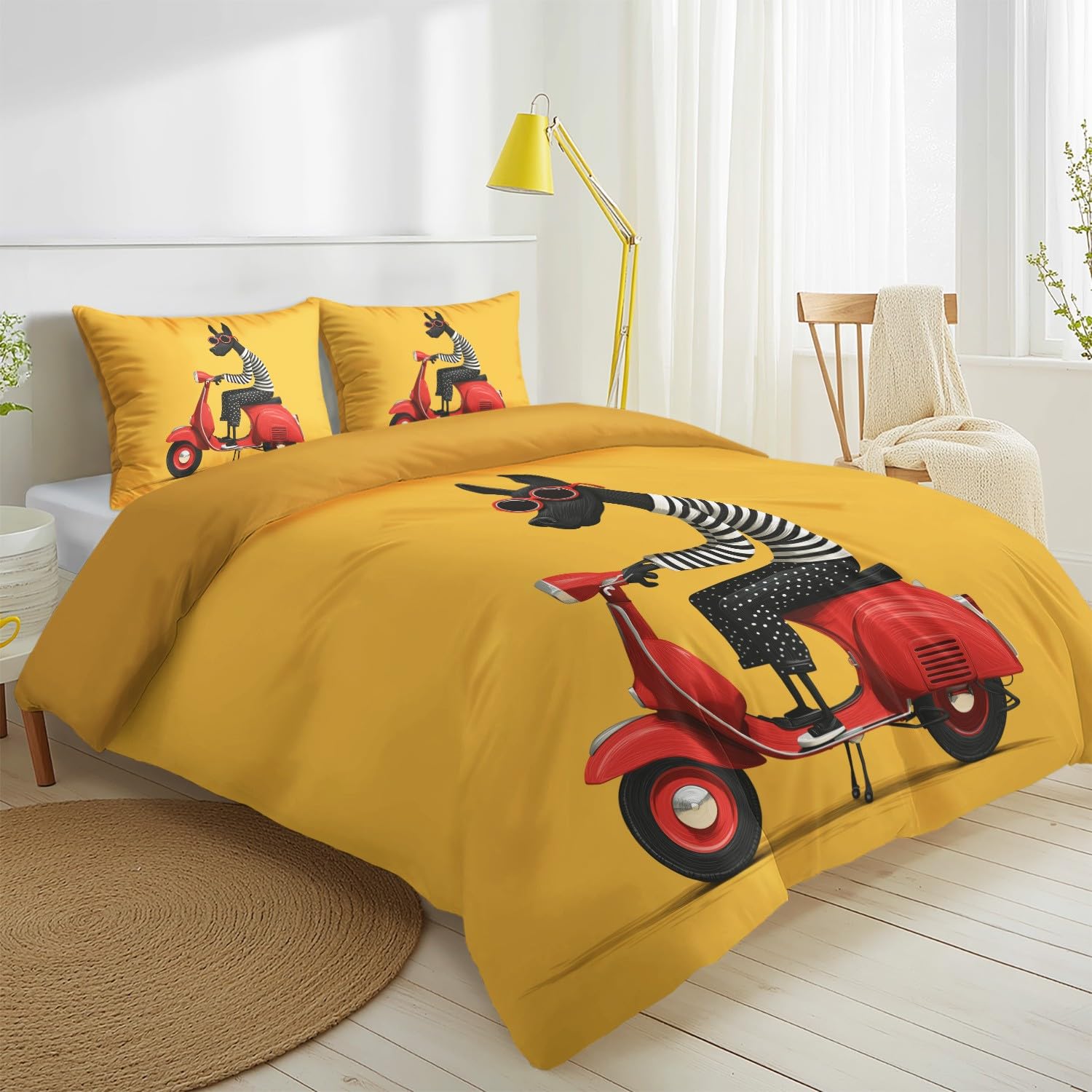 Copripiumino da 180 x 200 cm, di alta qualità, colore giallo senape, resistente al colore, motivo cane nero, scooter, occhiali da sole, libro per bambini, ragazzi e adulti
