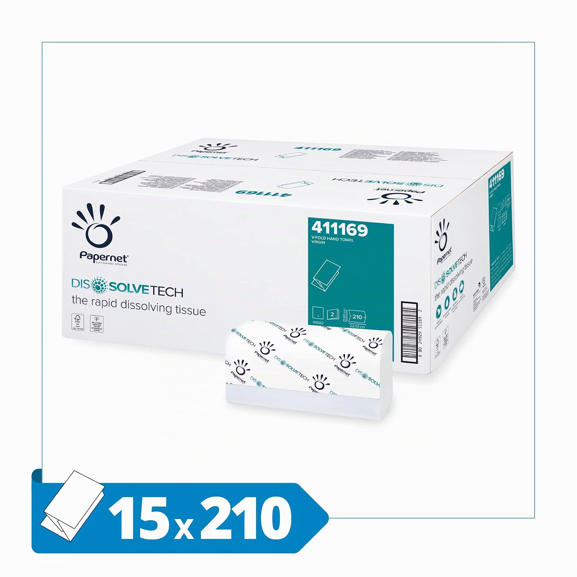 Papernet Dissolve Tech - Essuie-mains Pliée en V 411169, 3150 Serviettes Jetables en Papier, 2 Plis, Dimensions Ouvertes 22x21 cm