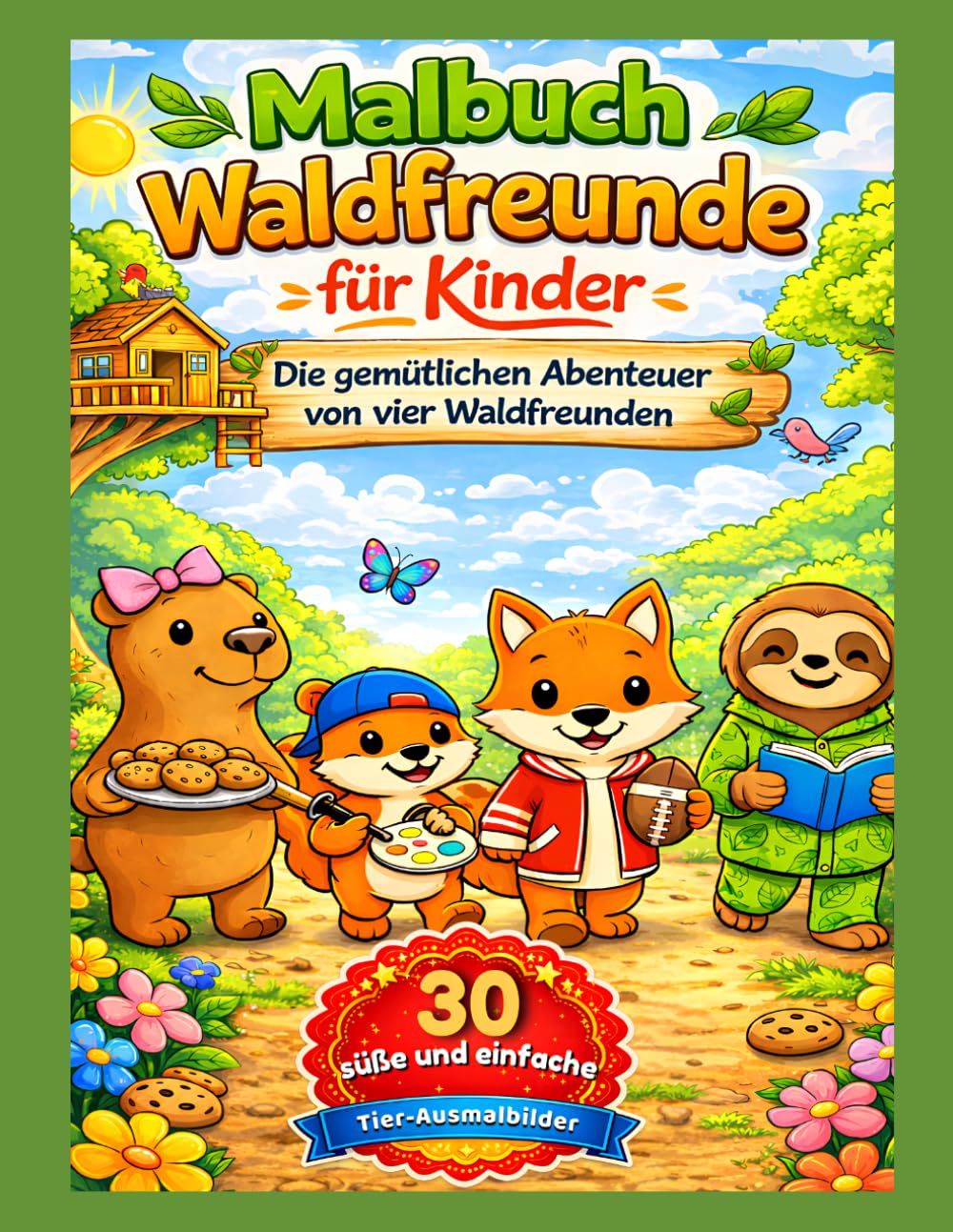 Malbuch Waldfreunde für Kinder: Die gemütlichen Abenteuer von vier Waldfreunden – 30 süße und einfache Tier-Ausmalbilder für Kinder von 4–8 Jahren