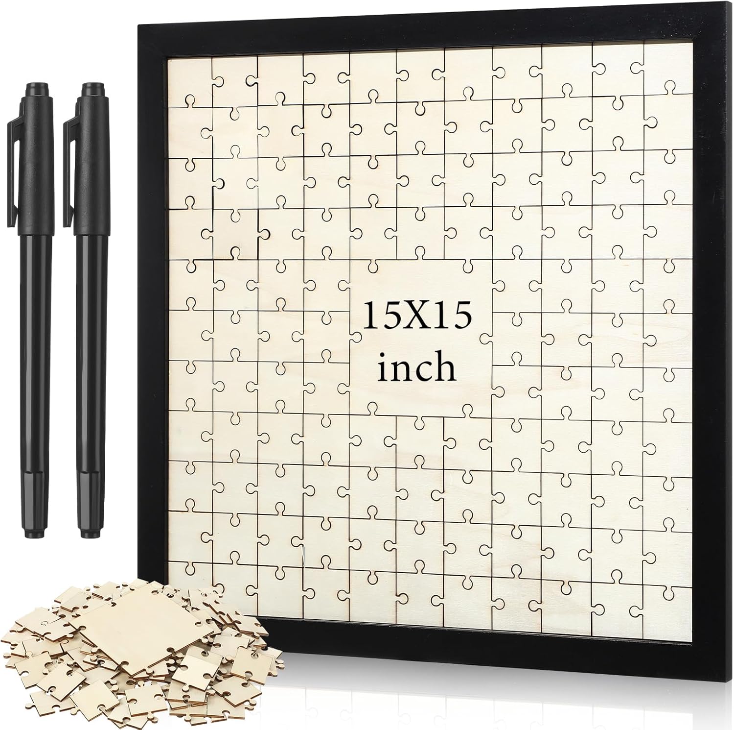 Leinuosen Wedding Guest Book Alternative Jigsaw with 112 Wooden Blank Puzzle with Frame and Pen Personalized Wedding Guest Book Make Your Own DIY Decor for Party Engagement Bridal (112 Pieces, Black) 112 Black