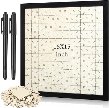 Leinuosen Wedding Guest Book Alternative Jigsaw with 112 Wooden Blank Puzzle with Frame and Pen Personalized Wedding Guest Book Make Your Own DIY Decor for Party Engagement Bridal 112 Pieces, Black