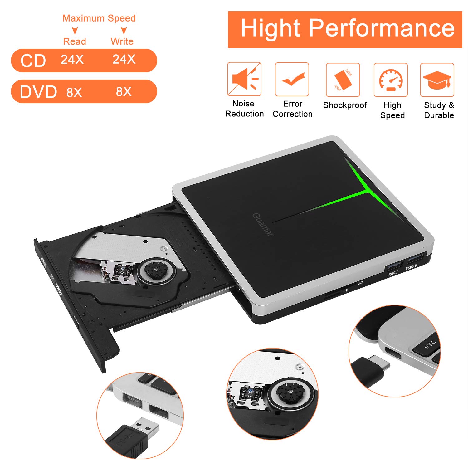 External CD DVD Drive,Guamar USB 3.0 USBC CD/DVD+/RW Burner Writer