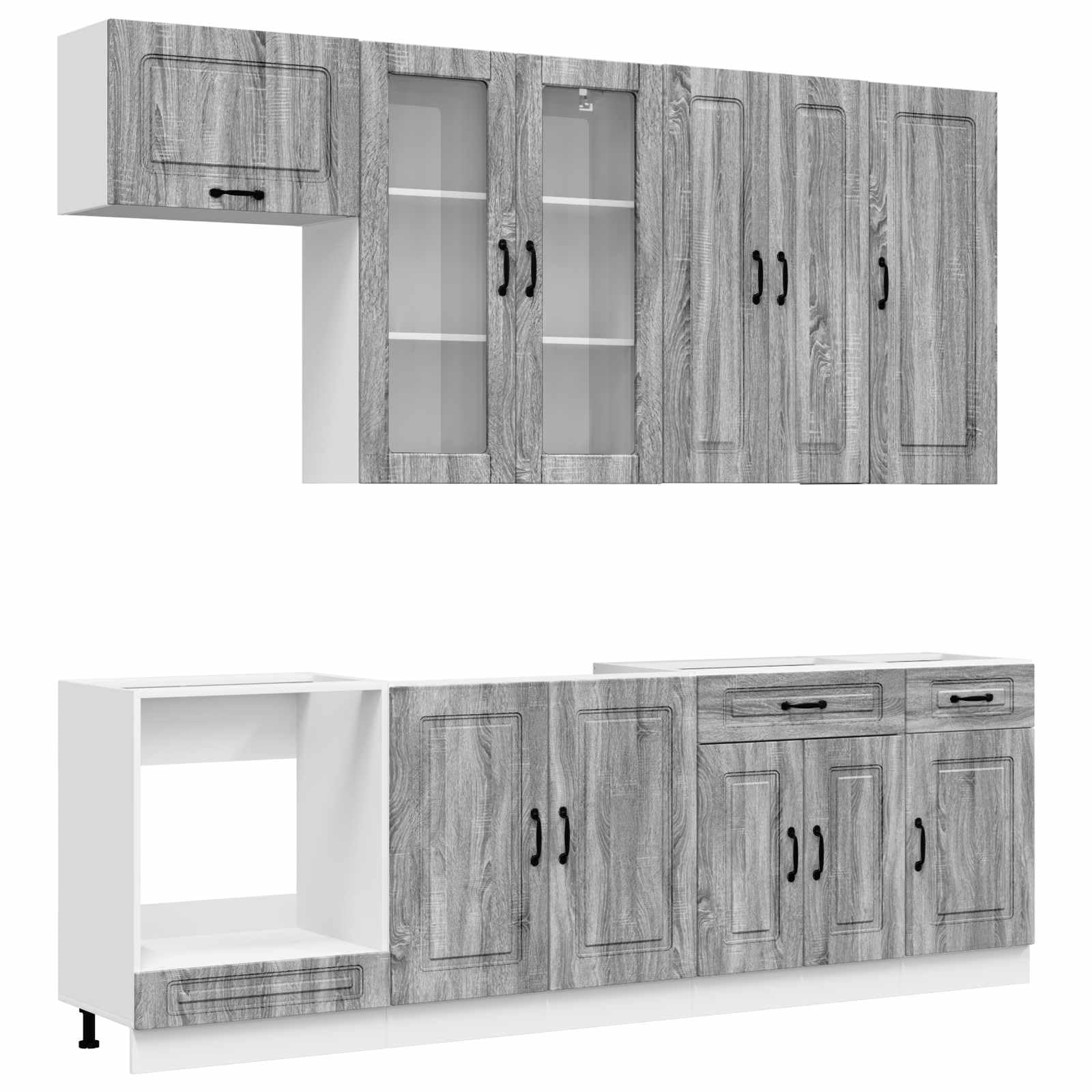Küchenzeile Kalmar 8-teilig Küchenblock mit Hängeschrank und Unterschrank, Modulare Einbauküche Küchenmöbel Set aus Holzwerkstoff, Grau Sonoma, 150,8 kg
