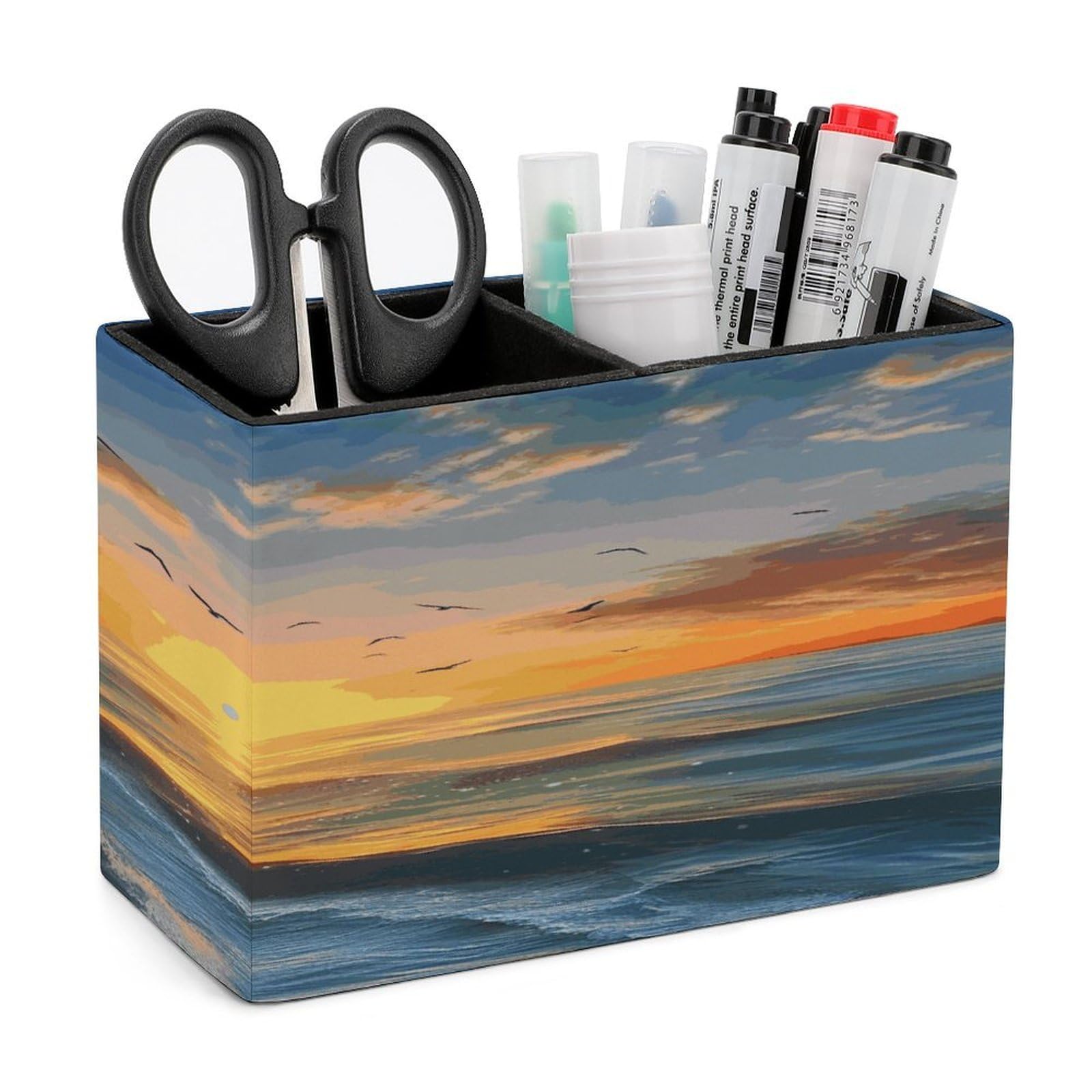 LDGSUPH Sunset Sea Leather Pen Holder for Desk Organizer Caddy Large Pencil Cup Multi-function Pencil Holder Makeup Brush Holders Pen Organizer for Home Office Storage Box