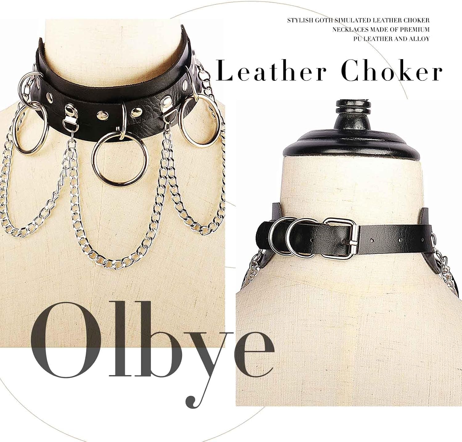 Olbye Circle Leather Choker Necklace Black Studded Rock Punk Collar Necklace PU Gothic Short Necklaces Adjustable Link Necklaces Jewelry for Women