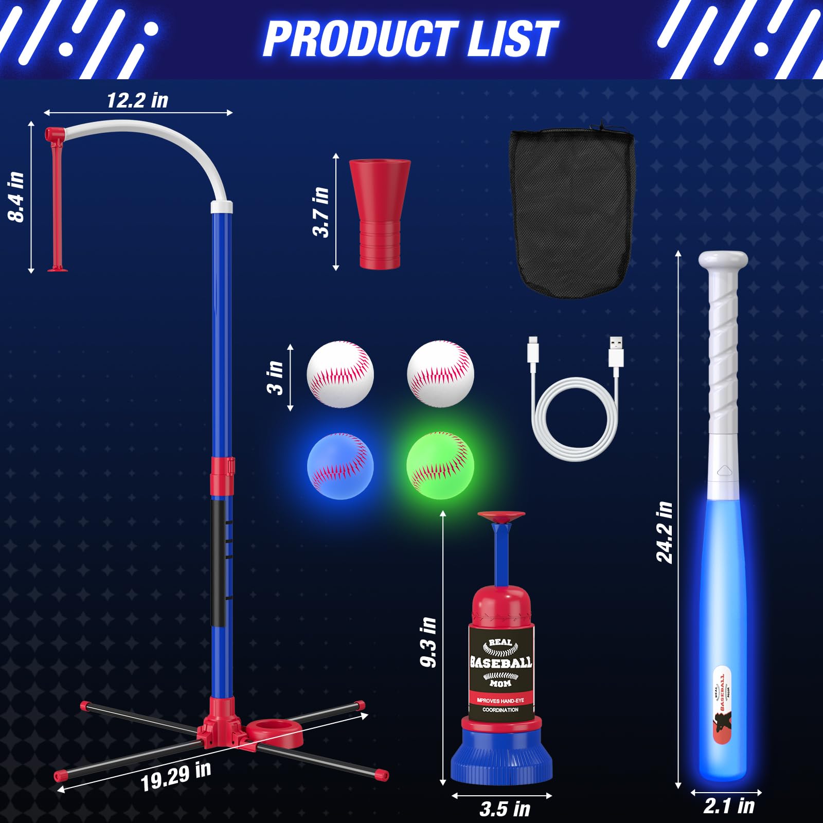 HYES Juego de béisbol LED 3 en 1 para niños de 3 a 5 años, soporte de tee ball, camiseta colgante, lanzador de bolas y 4 pelotas de sóftbol, altura ajustable, regalos deportivos para interiores y