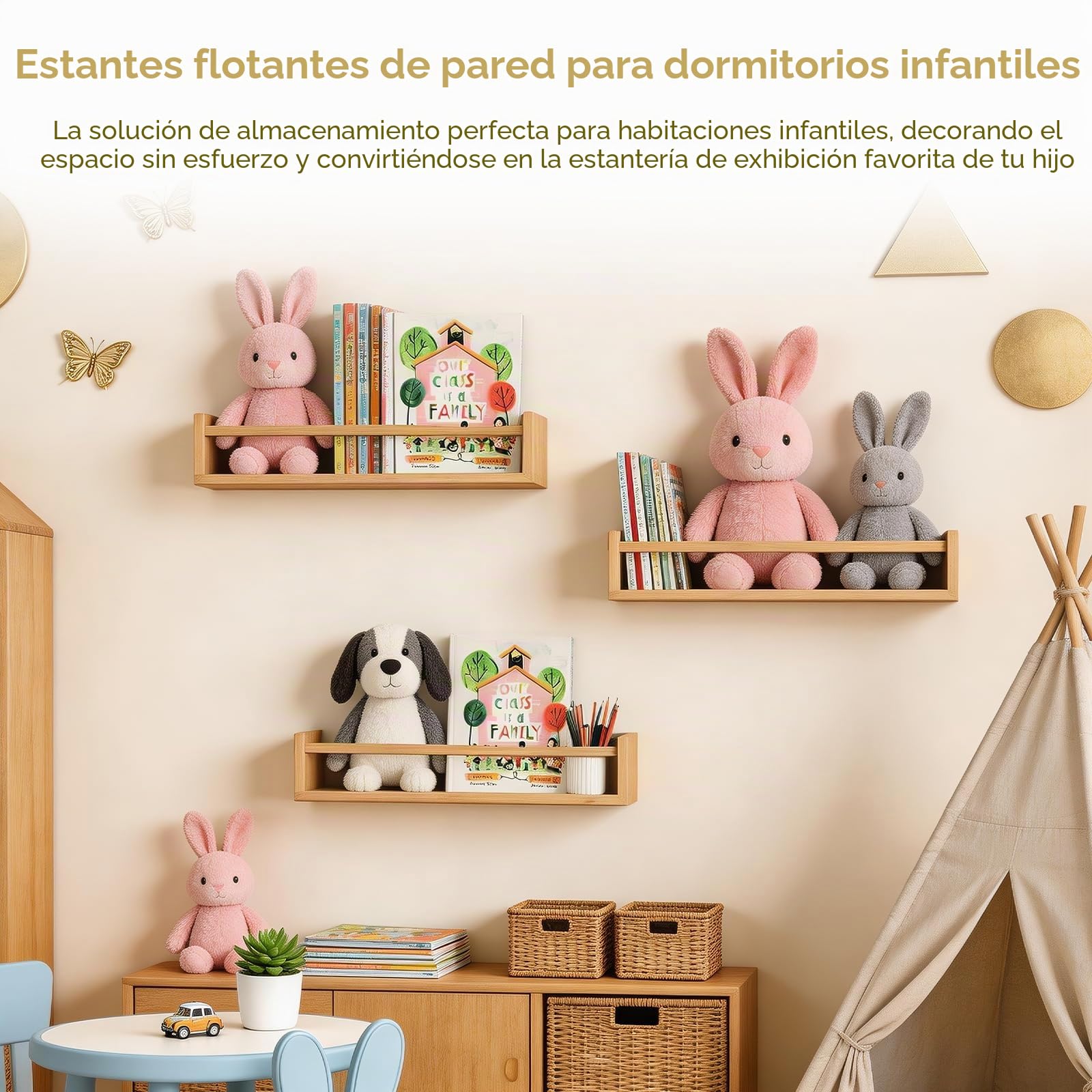 Juego de 4 estantes flotantes de Madera para Libros de Pared para guardería | estante de exhibición montado en la pared para el hogar, dormitorio, habitación del bebé, habitación de los niños