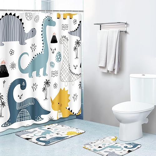 Britimes Juego de baño de 3 piezas, 72 x 72 pulgadas, dinosaurio dinosaurio, dragón, garabato, cuarto de bebé, cortina de ducha de poliéster