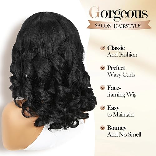 Miniatura 4 de WIGER Pelucas cortas onduladas para mujer, peluca de cabello ondulado negro de 16 pulgadas, raya al medio, longitud del hombro, pelucas cortas