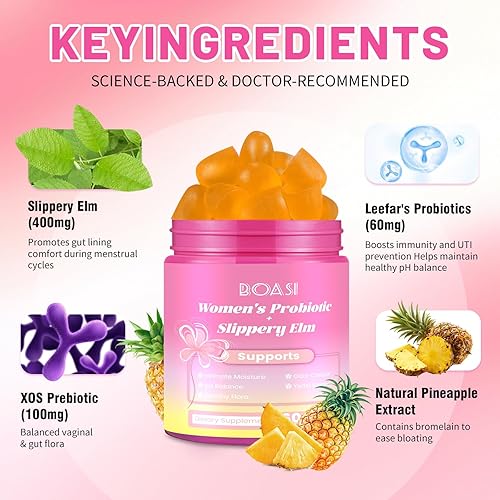 Miniatura 2 de Her Juicy - Gomitas de probióticos femeninos, olmo resbaladizo probiótico para mujer, gomitas de piña para mujeres, equilibrio de pH, digestivo,