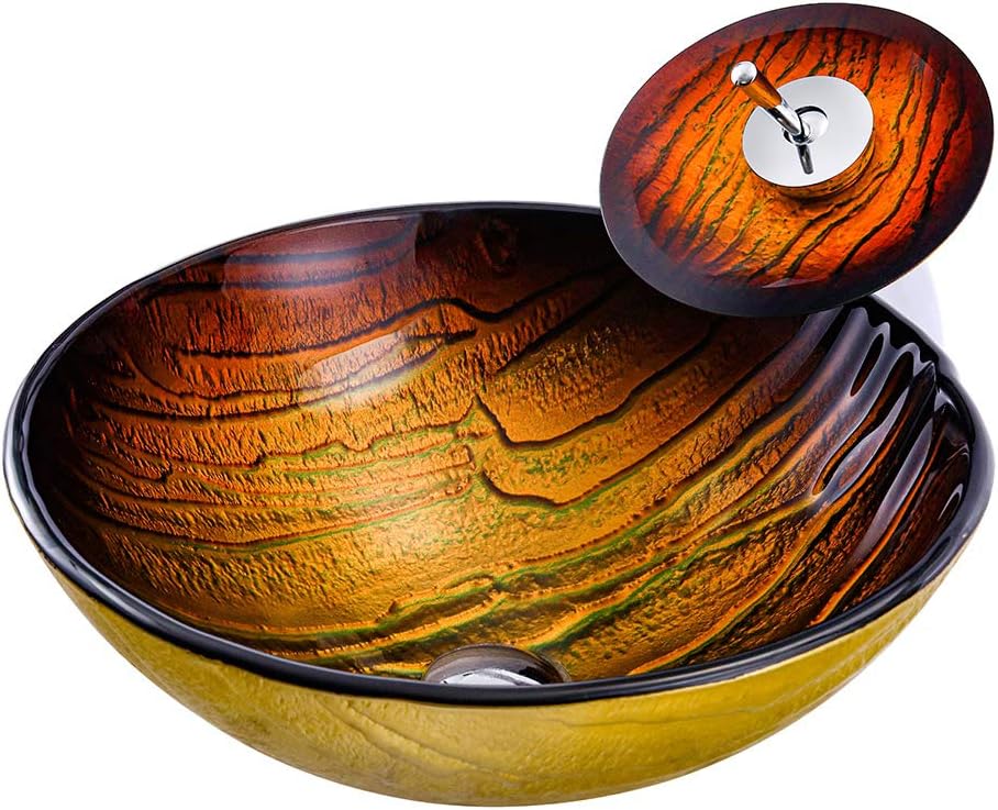 Yellow Moss Pattern Tempered Glass Vessel Round Bathroom Sink Counter Top Installation Modern Artistic Vanity Sinks Glass Vessel Sink with Pop up Drain,Singlesink