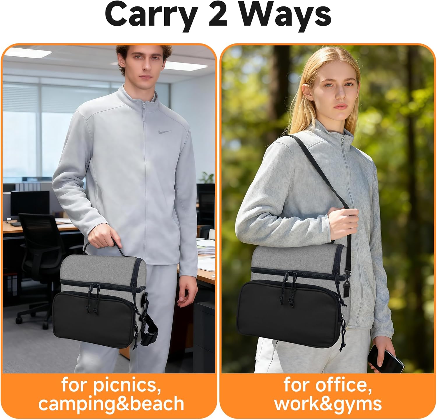 Insulated Lunch Box Dual Compartment Lunch Bag Leakproof Cooler for Men Women with Adjustable Strap,for Work, Picnic, Beach, Camping, Travel（Black Grey-12L） - Image 7