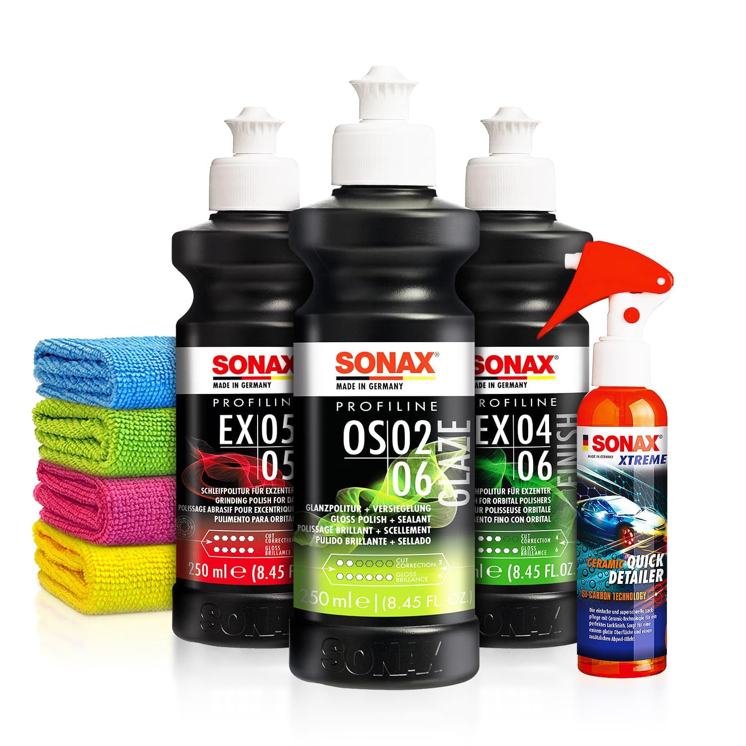 Auto Politur Set: Sonax ExCut 05-05 + Ex 04-06 + OS 02-06 (je 250ml) Autopolitur Set + Ceramic Quick Detailer - Zur starken Defektkorrektur und maximalen Hochglanz - Auto polieren | 8-teilig